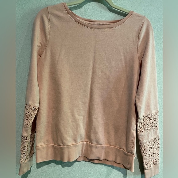 lucky lotus Tops - Women’s Lucky Lotus distressed pale pink with long sleeve and lace detai…
